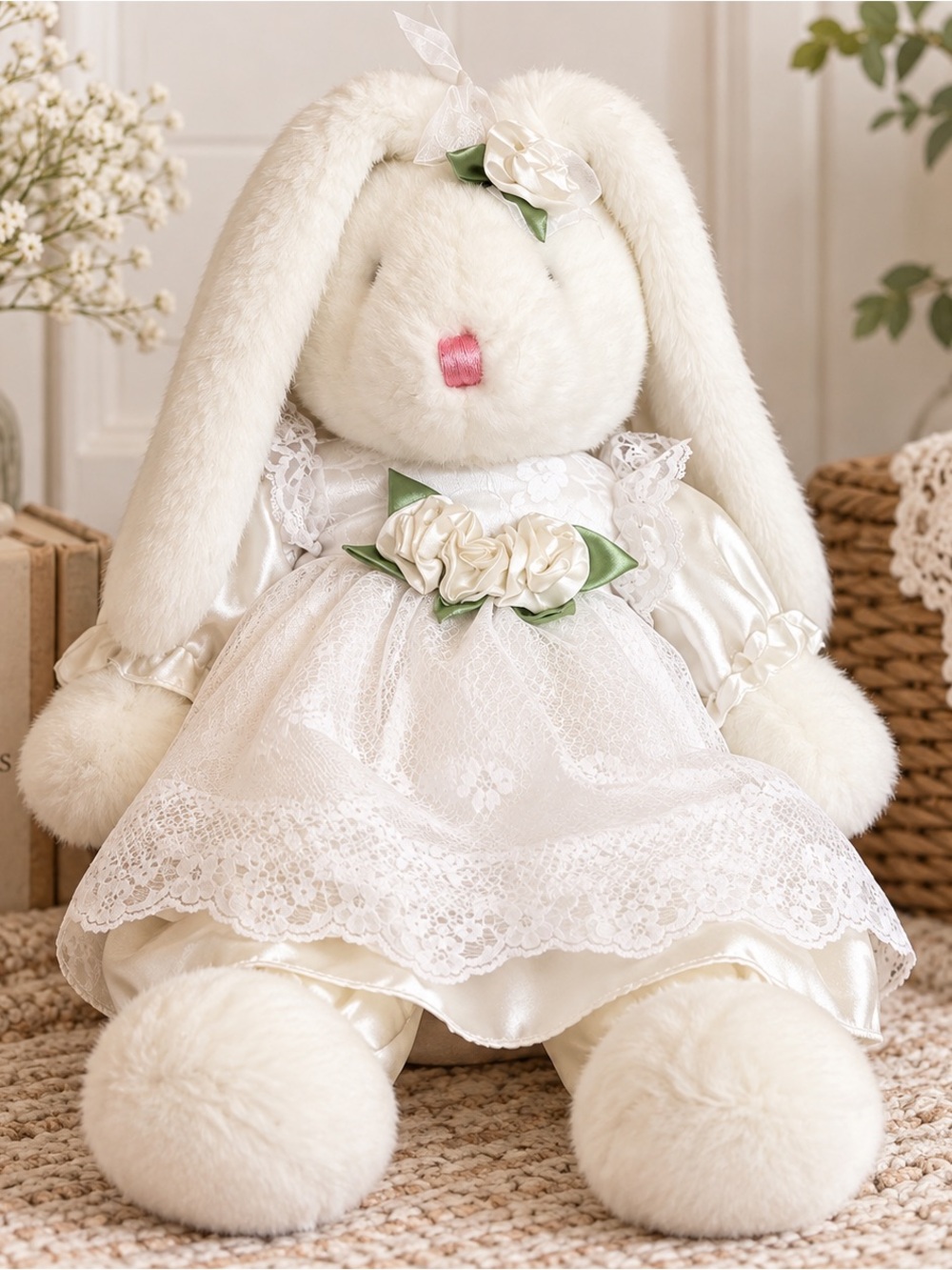 Large 24”+ White Bunny Rabbit Plush Satin Lace Floral Dress Vintage Style